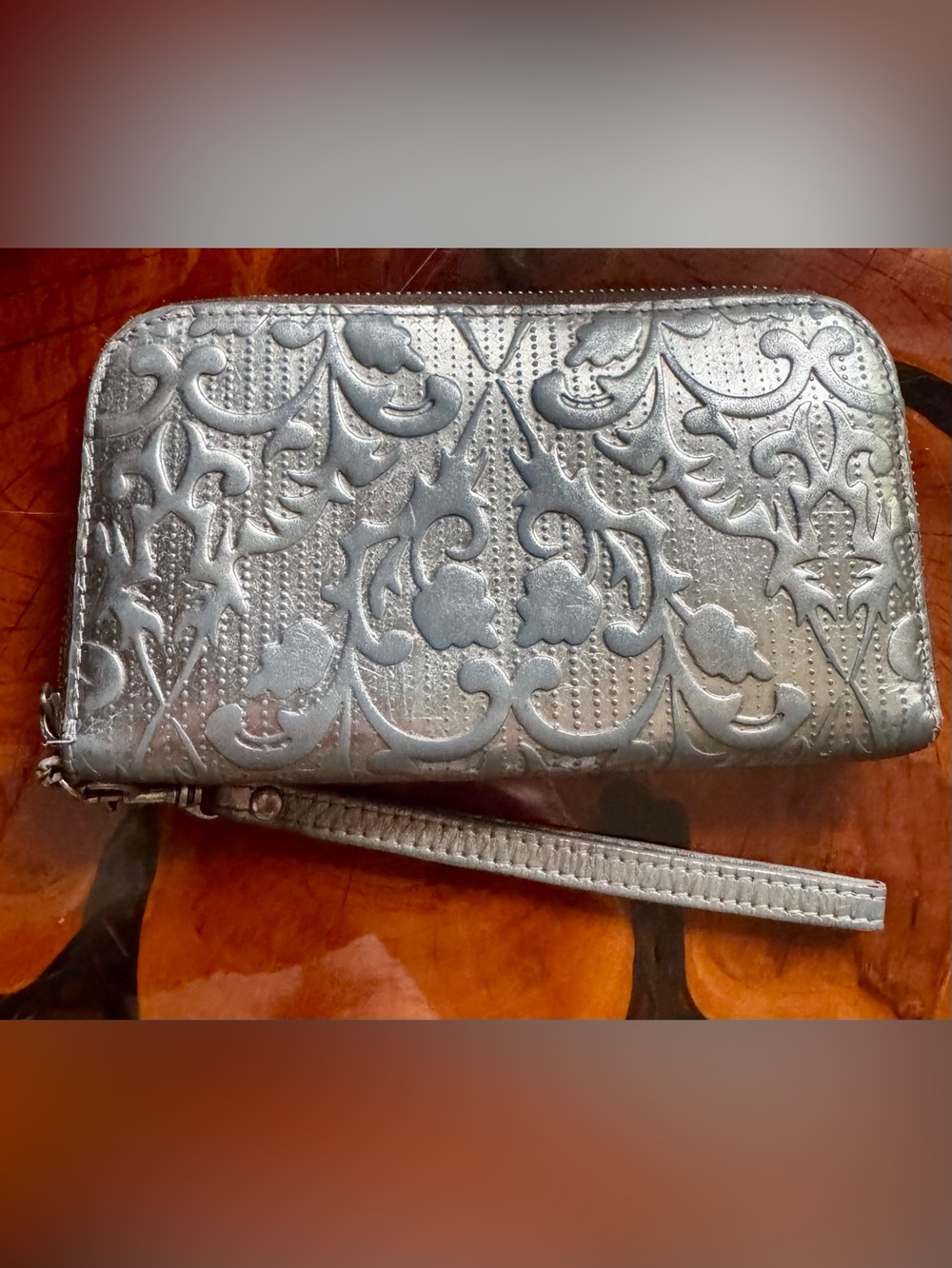 Patricia Nash Folklore gunmetal metallic zip-around Embossed Wristlet Wallet